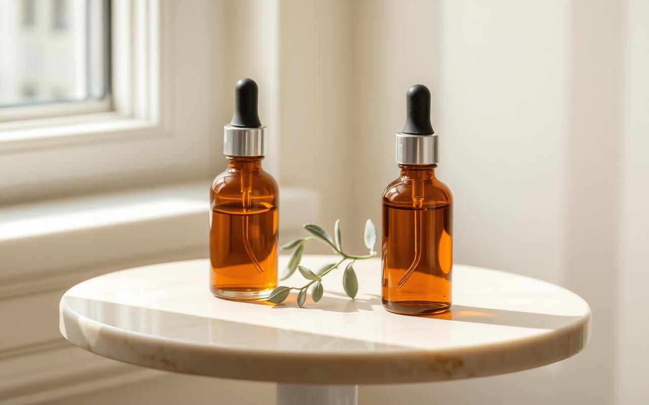 Amber therapy bottles on a marble table